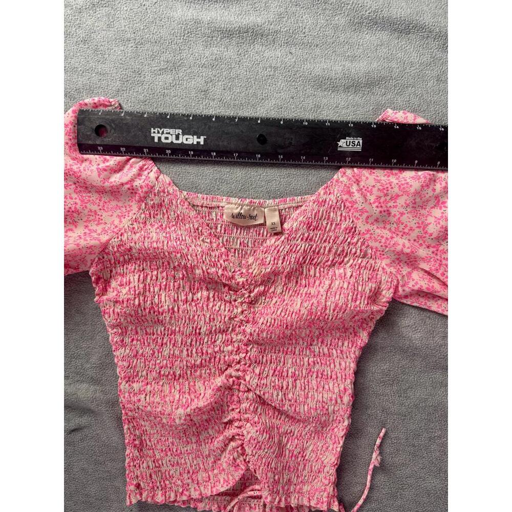 pink floral‎ smocked blouse cottagecore ruched tie front top xs - Picture 5 of 9